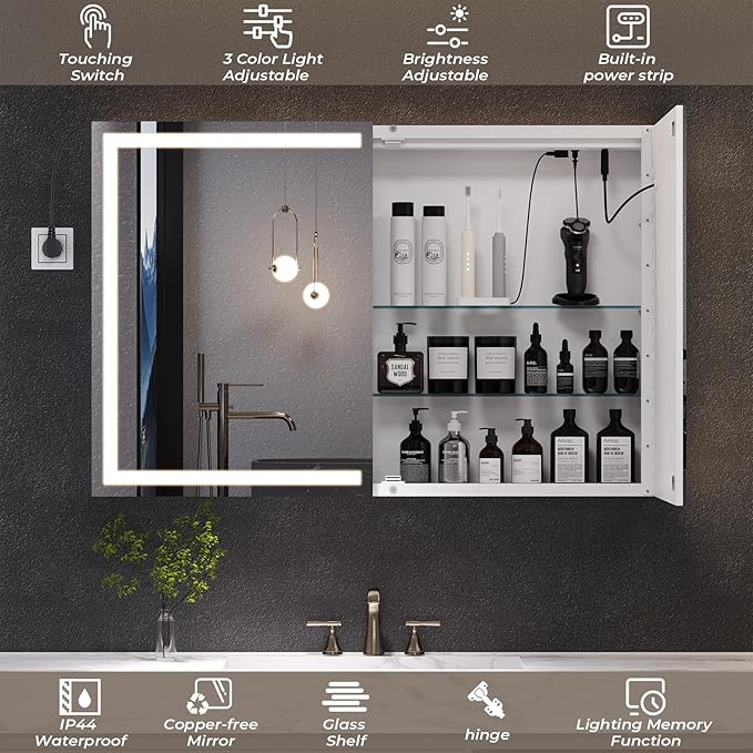 Hasuit Lighted Medicine Cabinet with Mirror, Wall Mounted Bathroom Mirror with Storage, 2 Doors Bathroom Wall Cabinet with LED Lights, 31.5'' x 23.6''