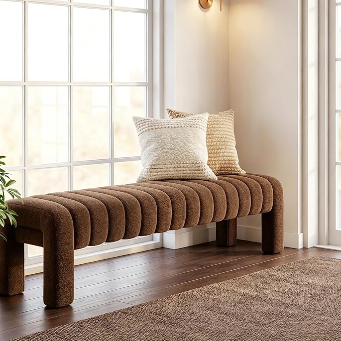 63" Bedroom Bench, Upholstered Entryway Bench, Modern End of Bed Ottoman with Solid Wood Legs and Adjustable Foot Pegs for Entryway, Dining Room and Living Room (Rust Brown Boucle)