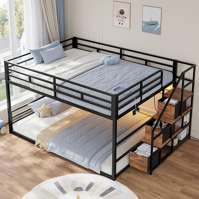ADORNEVE Low Bunk Bed Full Over Full with Stairs, 3 Storage Drawers & Power Outlet, Full Size Metal Floor Bunk with RGB Lights & Shelves, Space-Saving Kids Bed, Black & Brown