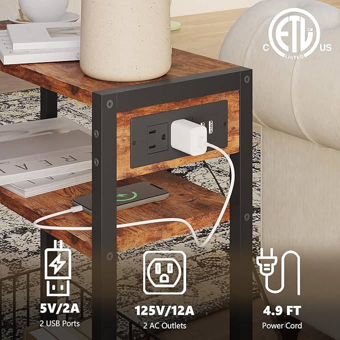 TRIFEBLE Narrow Side Table with Charging Station, Small End Table for Small Spaces, Slim Nightstand with Storage Basket, 3 Tier Skinny Bedside Table for Living Room, Bedroom, Rustic Brown