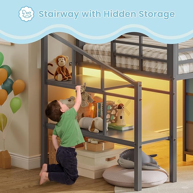 VIAGDO Low Loft Bed Twin Size with 9 Storage Drawers and LED Lights, Metal Twin Loft Bed with Stairway Shelf Storage, Low Loft Bed with Safety Guardrail and Under-Bed Hideaway for Kids, Grey