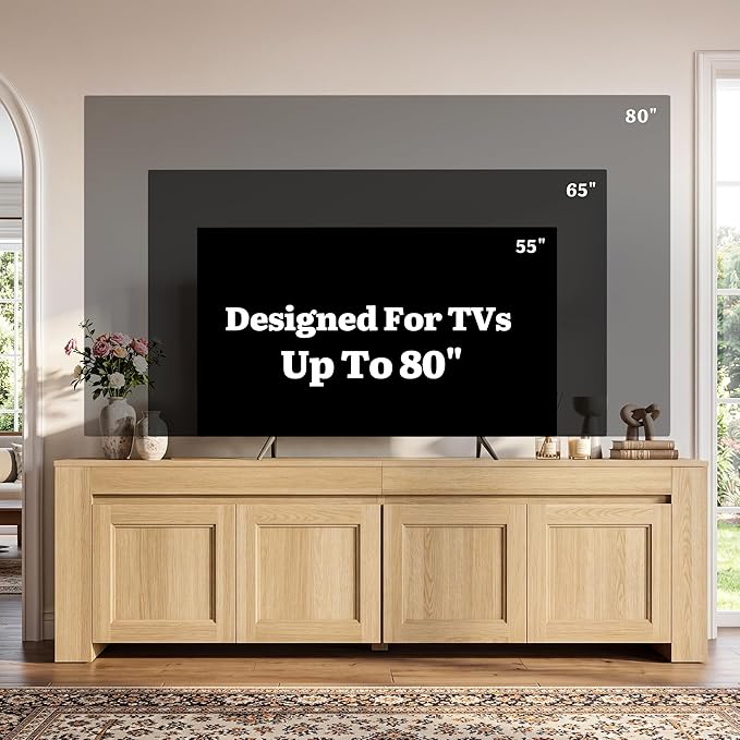 YITAHOME 70 inch TV Stand for up to 80 inch TVs, Farmhouse Entertainment Center with Storage Doors and Shelves, Media Console Table with Cable Holes for Living Room, Natural Oak