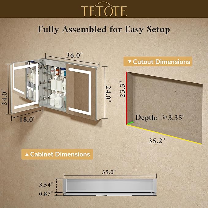 TETOTE LED Lighted Bathroom Medicine Cabinet Mirror with Lights 36 x 24 Recessed or Wall Mounted Cabinet with 2 Door, Tempered Glass, Outlets & USB, 3-Color Stepless Dimming, Defog, Adjustable Shelf