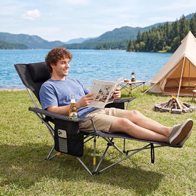 Romswi 2Pack 4-Position Reclining Camping Chair with Removable Footrest, 2-in-1 Adjustable Portable Lounge Chair with Cooler Bag, Cup Holder, Side Pockets & Carry Bag for Outdoor, Black