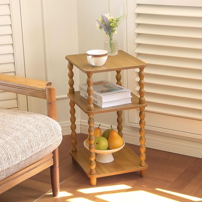 Fultyle End Table, Small Side Table with 3 Tier Open Shelf, Modern Night Stand Accent Table for Small Spaces, Living Room and Office (Caramel Tan)