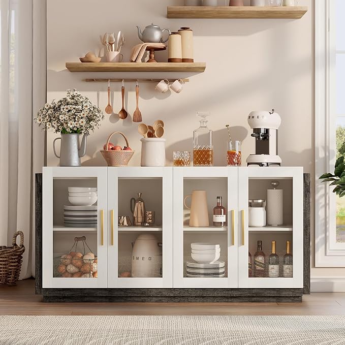 AMERLIFE Sideboard Buffet Cabinet, Mixed Color Accent Cabinet with LED Lights, Modern Glass Doors Storage Cabinets with Adjustable Shelf, Console Table for Dining, Living Room, White and Grey