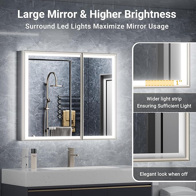 40x30 Lighted Medicine Cabinet with Mirror, Beveled Brushed Nickel Framed Surface or Recessed Fogless Dimmable LED Medicine Cabinet with Outlet, Time Display and Sensor Inner Light