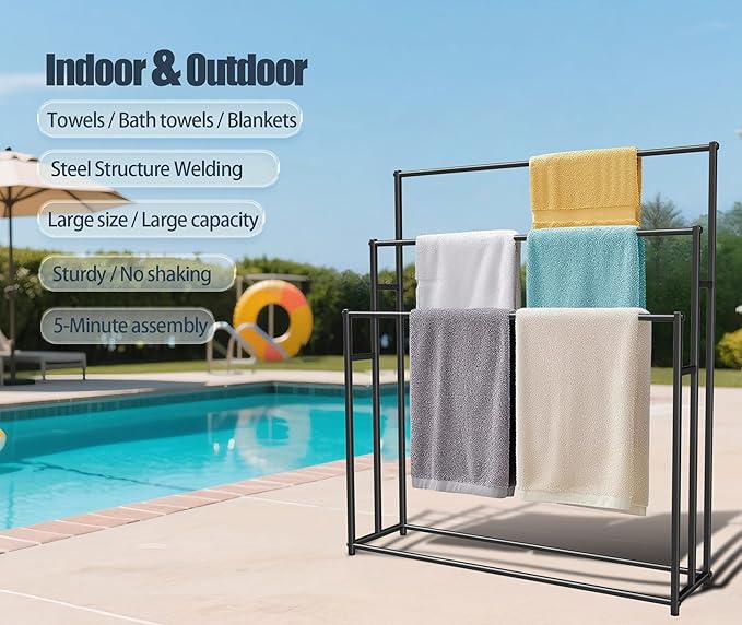 3 Tier Standing Towel Rack - Extra Wide Large Bathroom Towel Stand, Heavy-Duty Metal Towel Drying Rack for Poolside (Matte Black, 37.4” Wide)