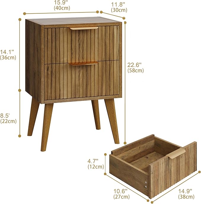 YAUKOMEL Mid Century Modern Nightstand,Small Bedside Table with 2 Drawers,Fluted Side Table,Walnut Brown End Table for Living Room,Bedroom,Small Space,Caramel Oak 11.8" D x 15.7" W x 22.8" H CTG55BR