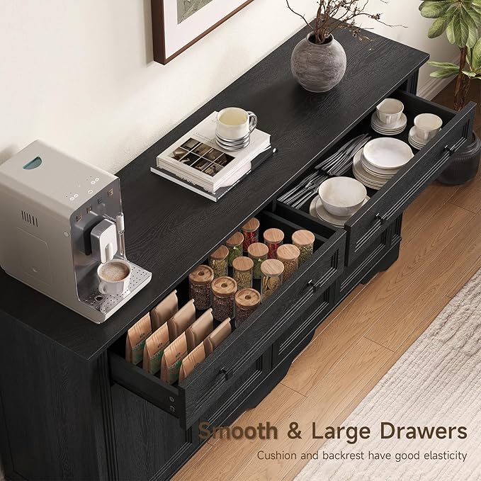 ONBRILL 63" Sideboard Buffet Cabinet, Kitchen Buffet Storage Cabinet, Large Credenza with Drawers & Doors, Wood Coffee Bar Console Wine Bar for Living Room Hallway Black