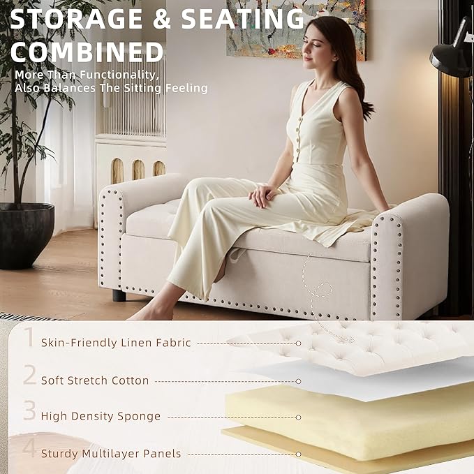48" Ottoman with Storage, Tufted Storage Ottoman Bench, Convenient Living Room Fabrics Bench Seat, Entryway Shoe Benches with Inner Zipper & Arm, Upholstered Window Seat Ottomans with Rivets, Beige