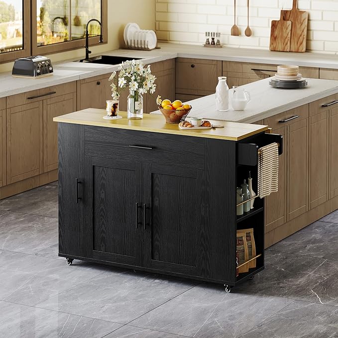 IRONCK Kitchen Island with Storage, 47.2in Rolling Island on Wheels, Kitchen Cart with Drop Leaf, Drawer and Towel Rack for Home, Dining Room