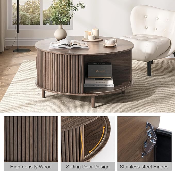 JOINICE,Round Coffee Table with Storage, 31.5" Fluted Center Table for Living Room, Modern Walnut Wood Circle Drum Table with Sliding Cabinet Door, Mid Century Furniture for Small Space