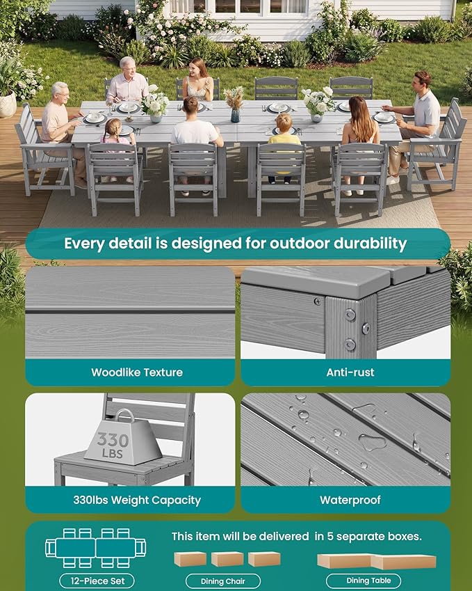 SERWALL Patio Dining Sets for 10 Person, HDPE Dining Set with 2 Tables, 8 Armless Chairs and 2 Armed Dining Chairs, Light Gray