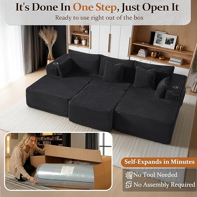 108" Cloud Sectional Couch, Comfort Sleep Sofa for Living Room, Extra Deep Seats No Assembly, Minimalist Modular Couch, Corduroy (Black, Widen Loveseat Chaise)