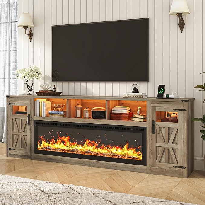 Fireplace TV Stand for 100 Inch TV, 95" Farmhouse Entertainment Center with 60" Electric Fireplace & LED Lights, Large Media Console for Living Room, Rustic Barn Doors, Power Outlets,Grey