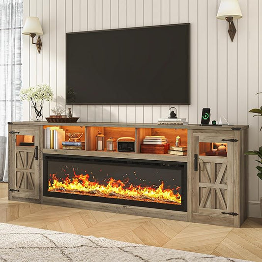 Fireplace TV Stand for 100 Inch TV, 95" Farmhouse Entertainment Center with 60" Electric Fireplace & LED Lights, Large Media Console for Living Room, Rustic Barn Doors, Power Outlets,Grey