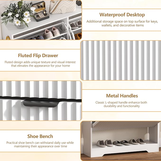 HUANLEGO Shoe Cabinet Storage for Entryway with 2 Flip Drawers, White Fluted Shoe Cabinet with Open Storage, Wooden Hidden Shoe Rack Freestanding Narrow Slim Shoes Organizer for Hallway, Entrance