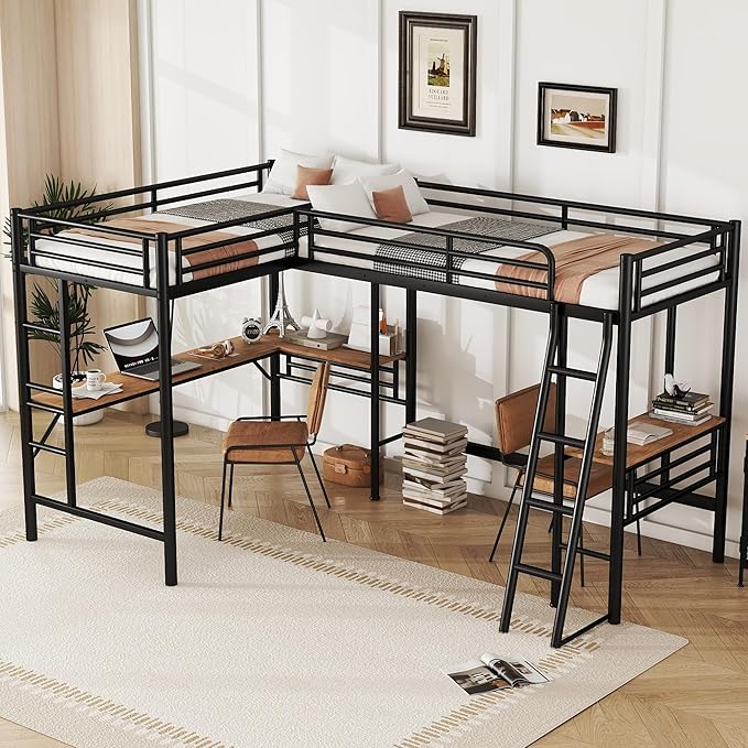 MERITLINE Metal L-Shaped Loft Bed for Two Kids Twin Size High Loft Bed Frame with Two Built-in Desks Underneath for Boys Teens, Black