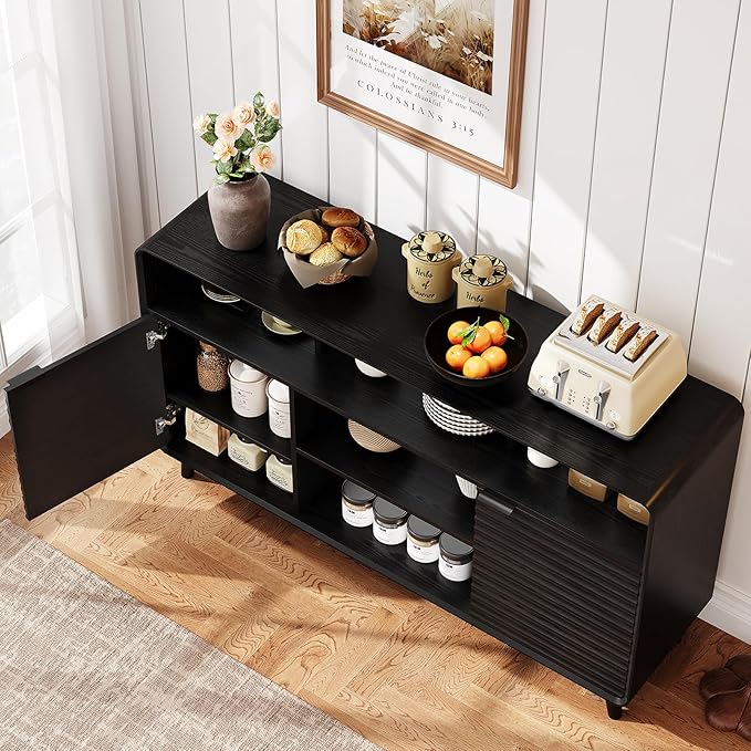 58 Inch Curved Sideboard Buffet Cabinet w/2 Wave Doors and Open Storage Spaces, Angled Side Frame, Sideboard Storage with Adjustable Shelves, Coffee Bar Cabinet for Kitchen, Living Room, Black