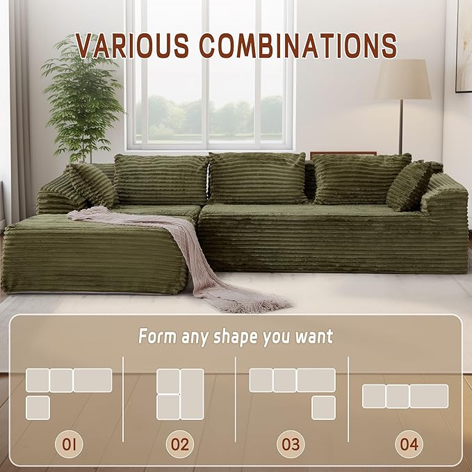 Korser 110" L-Shaped Modular Sectional Sofa with Chaise, Boneless Comfy Corduroy Fluffy Couch with Deep Seat and Side Pockets, Flexible Module Combination for Living Room, No Assembly, Side Pockets