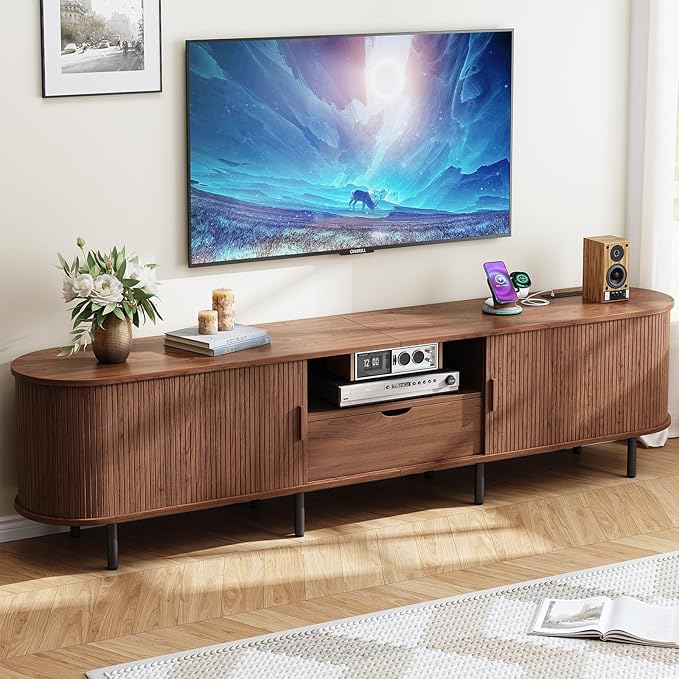 ONBRILL 86.6" TV Stand with Power Outlet for TVs up to 90", Entertainment Center with Storage and Drawer, TV Console with Adjustable Shelves and Sliding Door, TV Stand for Living Room, Bedroom, Walnut