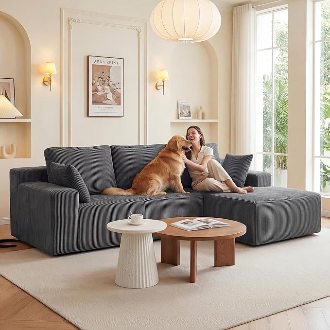 GRUSIGN Cloud Sectional Boneless Couches for Living Room, Modular L Shaped Couch with Deep Seat Oversized Right Facing Chaise, Memory Foam Compressed Spineless 3 Seater Sofa, Grey
