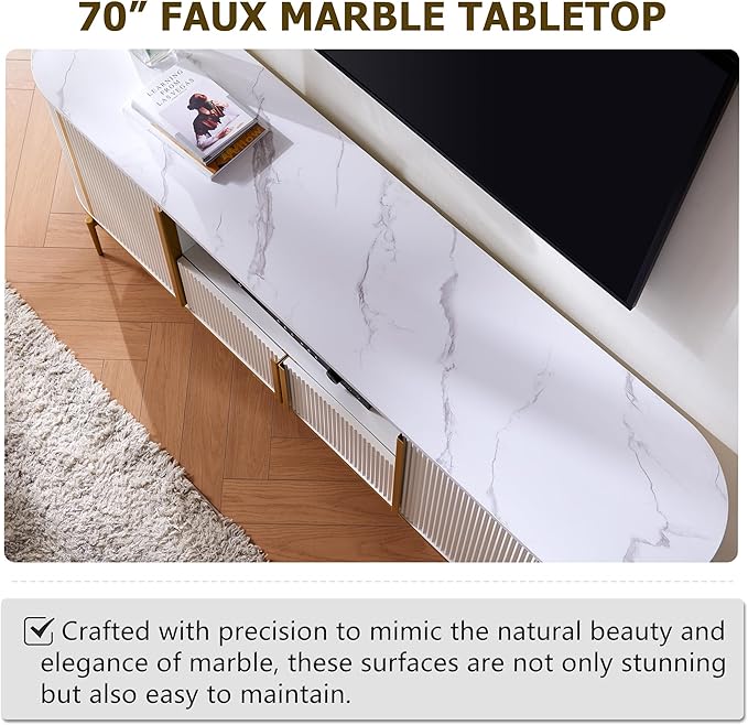 OKD 70" Fluted TV Stand with Storage, Faux Marble Top Entertainment Center for TVs Up to 80", Modern Curved Edge Media Console Cabinet for Living Room, Off White