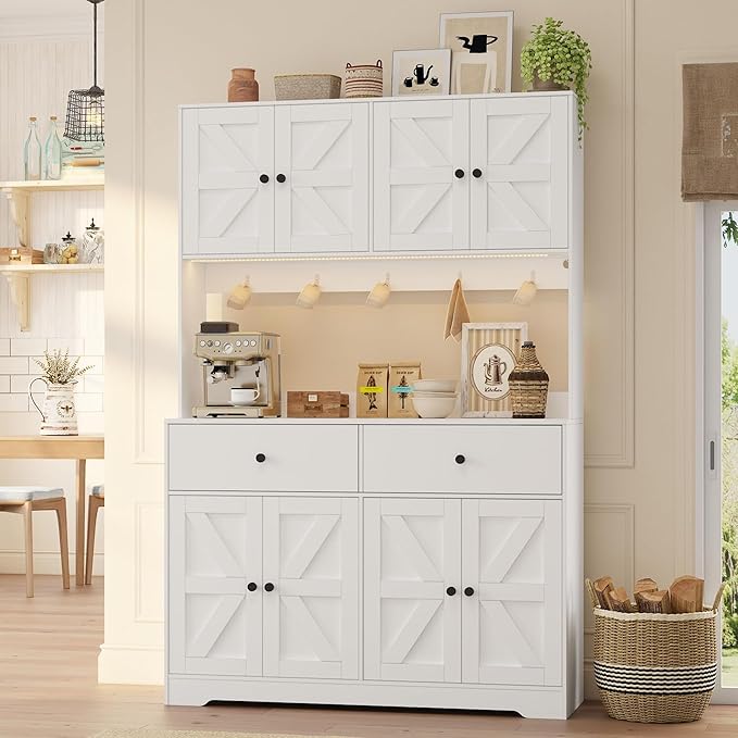 71" Kitchen Pantry Cabinet with Charging Station, Pantry Storage Cabinet Farmhouse Kitchen Hutch with Microwave Stand, Coffee Bar Station with Doors and Adjustable Shelves for Kitchen, White