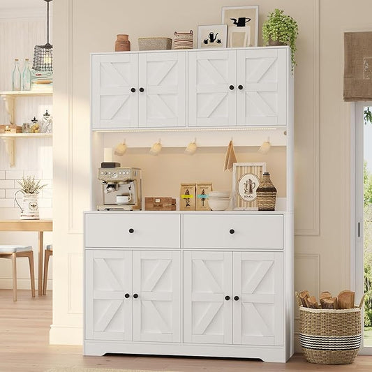 71" Kitchen Pantry Cabinet with Charging Station, Pantry Storage Cabinet Farmhouse Kitchen Hutch with Microwave Stand, Coffee Bar Station with Doors and Adjustable Shelves for Kitchen, White