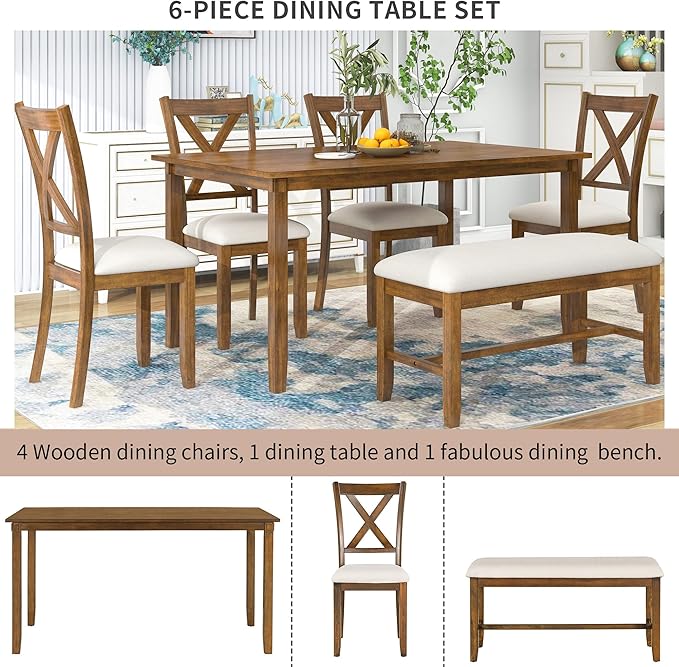 Merax 6-Piece Wooden Kitchen Dining Table Set with 4 Fabric Chairs and Bench, Family Furniture, Natural Cherry