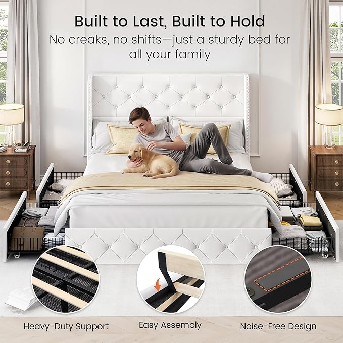LARMACE Full Size Bed Frame with 4 Storage Drawers and 47.2" Tall Wingback Headboard Velvet Upholstered Platform Bed Frame Tufted Beds with Wooden Slats Support, Easy Assembly, White