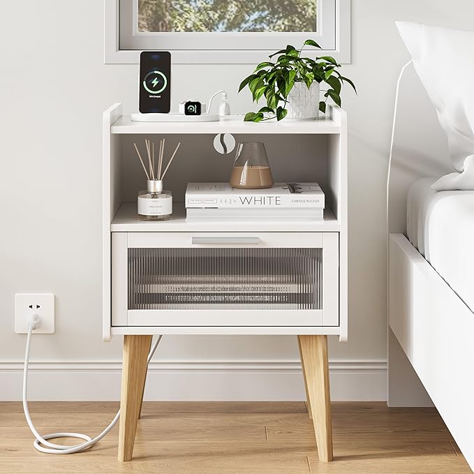MMEOLUOOK Nightstand with Charging Station, Bedside Tables, End Table Side Table with 2 Tiers Storage Space, for Bedroom, Living Room, White MLBZ07WE-2