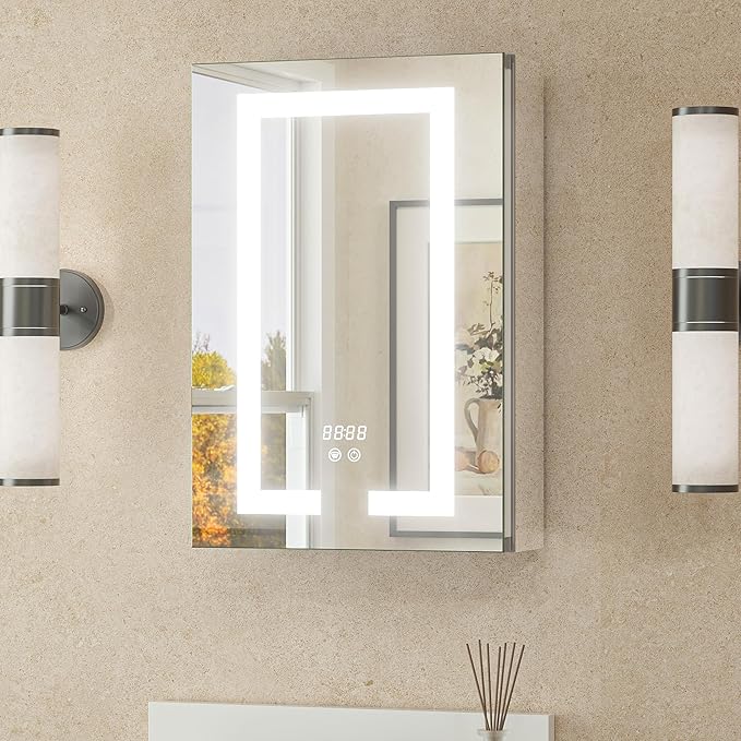 TETOTE LED Lighted Medicine Cabinet Mirror with Tempered Glass 16 x 24 Recessed or Surface Mount Bathroom Cabinet with Lights and Storage, Outlets & USB, 3-Color Dimming, Defog, Adjustable Shelves