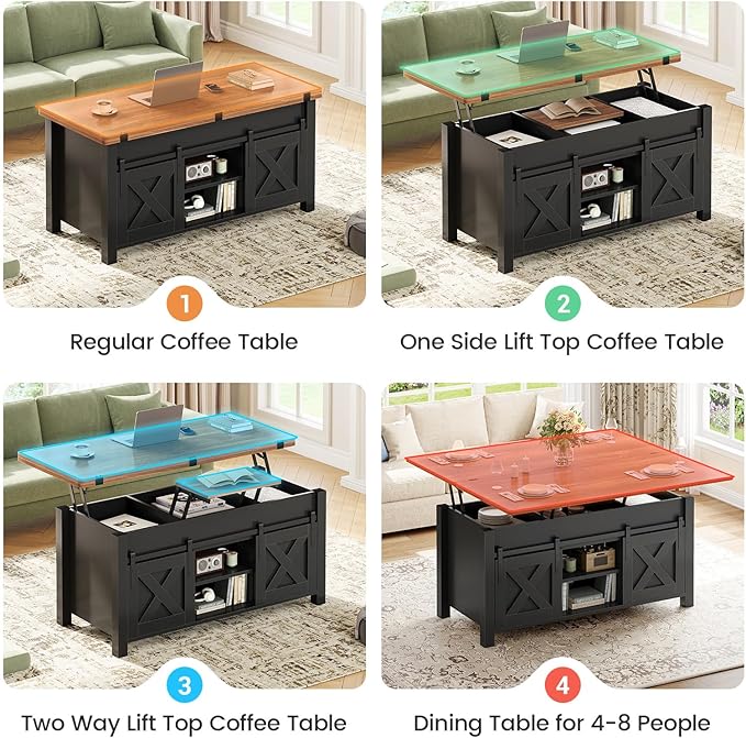 SEDETA Lift Top Coffee Table, 4 in 1 Multi-Function Convertible Coffee Tables with Storage and Hidden Compartment, Farmhouse Coffee Table Converts to Dining Table for Living Room, Black Brown