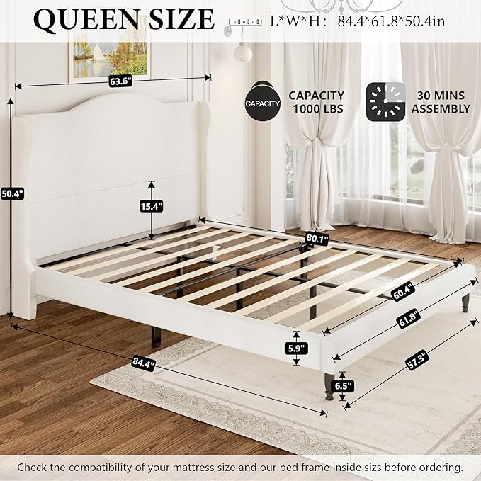 Upholstered Queen Bed Frame with Tall Headboard, Leather Platform Bed Frame with Wingback Sides, Wood Slats Support, Noise-Free Design, No Box Spring Needed, Easy Assembly, White