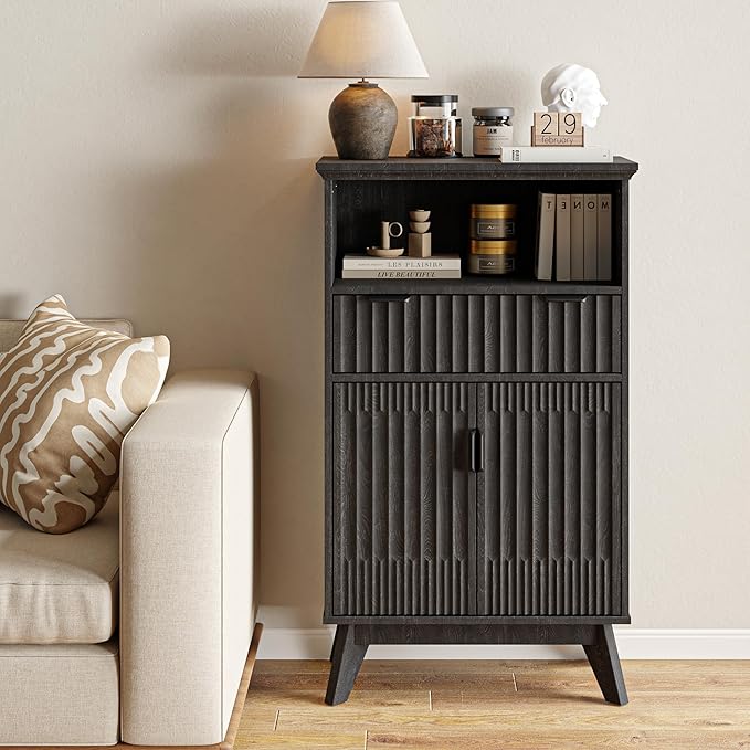 Fatmok Buffet Cabinet with Storage, 40" Modern Fluted Coffee Bar Cabinet with Drawer & Open Shelf, Wood Buffet Sideboard Console Table for Entryway, Kitchen, Living Room (Black)