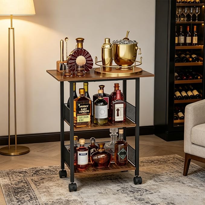 Bar Cart, Mobile 3-Tier Serving Cart with Lockable Wheels, Freestanding Wine Rack & Liquor Cabinet for Kitchen, Dining Room, Home Bar in Black