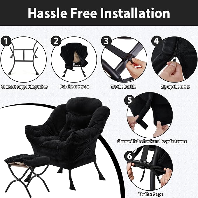 Youtanic Lazy Chair with Folding Ottoman, Accent Chair Plush Upholstered with Metal Structure and Non-Slip Pads, Sofa Armchair with Footrest and Side Storage Bag for Dorm, Room, Office, Black