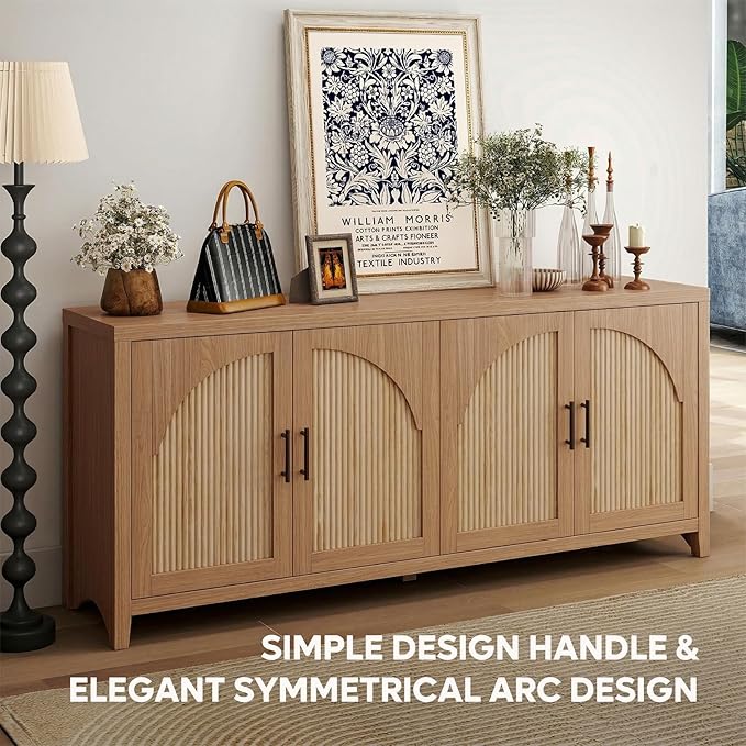 Bestier 70" Sideboard Buffet Cabinet with Storage, Large Modern Storage Credenza with Arch Fluted Doors & Adjustable Shelves, Farmhouse Wood Coffee Bar for Living Room, Kitchen, Entryway, English Oak