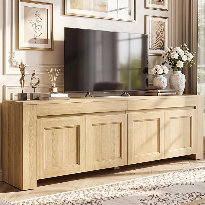 YITAHOME 70 inch TV Stand for up to 80 inch TVs, Farmhouse Entertainment Center with Storage Doors and Shelves, Media Console Table with Cable Holes for Living Room, Natural Oak