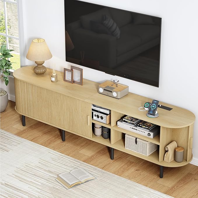86.6" TV Stand with Power Outlet, Mid-Century Modern Television Stand, Fluted Media Console with Sliding Doors, Entertainment Center for TVs up to 90 Inch, Adjustable Shelves, Oak