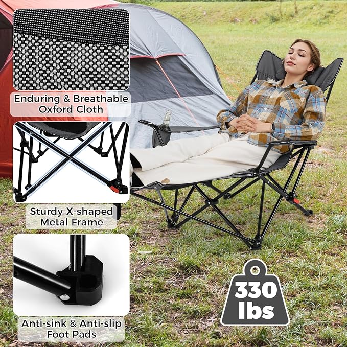 Goplus Camping Lounge Chair w/Detachable Footrest, Folding Beach Chair w/4-position Backrest, Carrying Bag, Removable Pillow, Cup Holder, Storage Pouch, Reclining Chair, 330LBS Capacity (Grey,2)