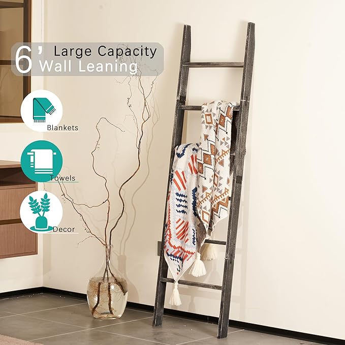 Blanket Ladder for The Living Room 6-Tier, Wooden Decorative Quilt Holder for Bed Room, Wall-Leaning Wood Towel Rack for Bathroom，Rustic Farmhouse Ladders for Display.(Black Wash)