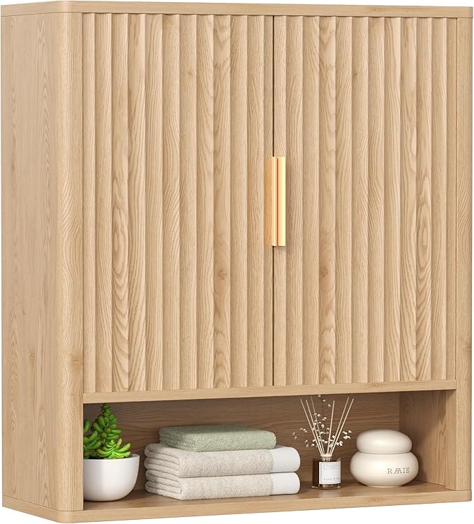 27.6"H Bathroom Wall Storage Cabinet with 2 Fluted Doors, Modern Medicine Cabinet with Adjustable Shelf, Curved Over the Toilet Storage Cabinet for Laundry Room, Kitchen & Living Room, Natural Oak
