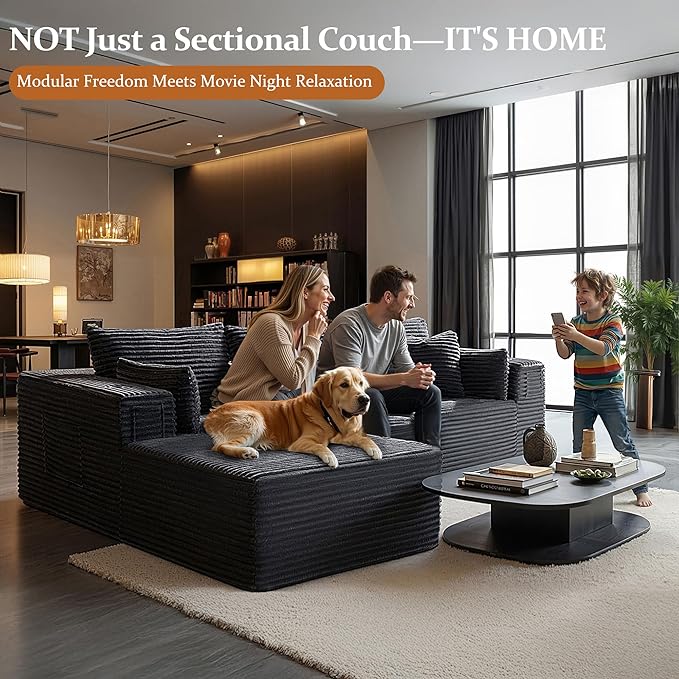 108" Oversized Cloud Sectional Couch, Comfort L Shaped Boneless Couch for Living Room, Extra Deep Seats No Assembly, Minimalist Modular Sofa, Corduroy (Dark Grey, 2 Seater+Right Facing Chaise)