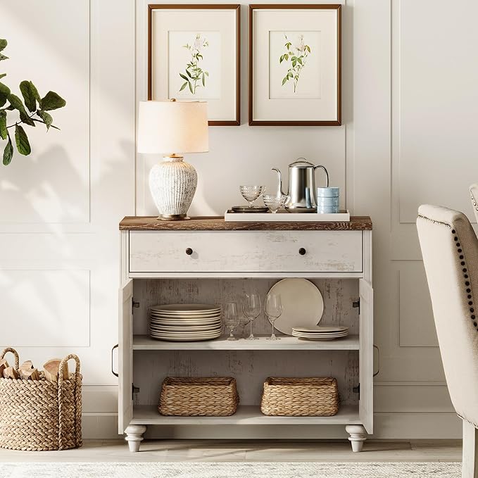 WAMPAT Buffet Cabinet with Doors & Drawer, Large Coffee Bar Table Wood Kitchen Storage Cabinets with Storage Cabinets, Modern Farmhouse Sideboard Credenza for Dining Room, Rsutic White, 34 inch
