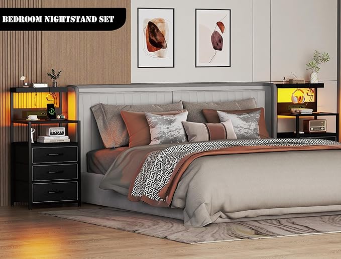 SZLHANJZ Night Stand Set 2 with LED Lights, Bedroom Nightstands with Power Outlet and Type C Port, Bed End Tables with 3 Fabric Drawers, Matching Bedside Tables with Hooks and Shelves, Black