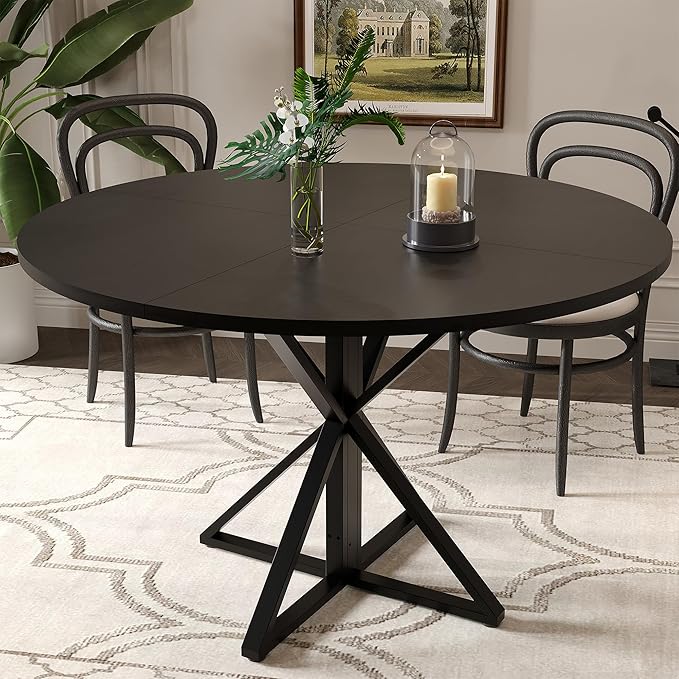 GarveeHome 47 Inch Round Dining Table for 4-6, Circle Kitchen Table with Pedestal Base, Farmhouse Wooden Dining Table for Small Spaces, Kitchen & Dining Room, Living Room-Black/Only Table