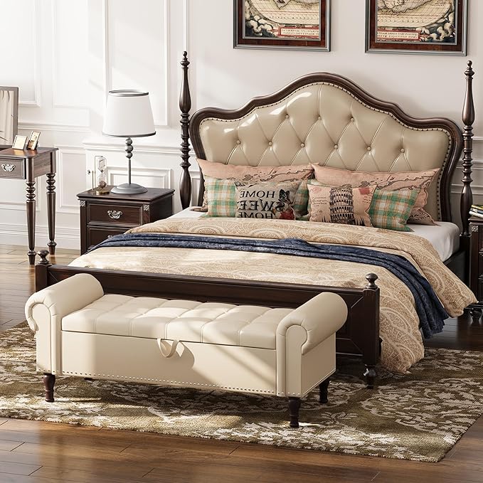 Apicizon 51” Bench with Storage, Faux Leather Ottoman Bench with Rolled Arm & Vintage Rivets, End of Bed Bench for Bedroom, Living Room, Entryway, Beige+Brown Legs